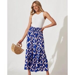 Abel The Label Tasmin Print Smocked Tiered Maxi Skirt Blue White XS